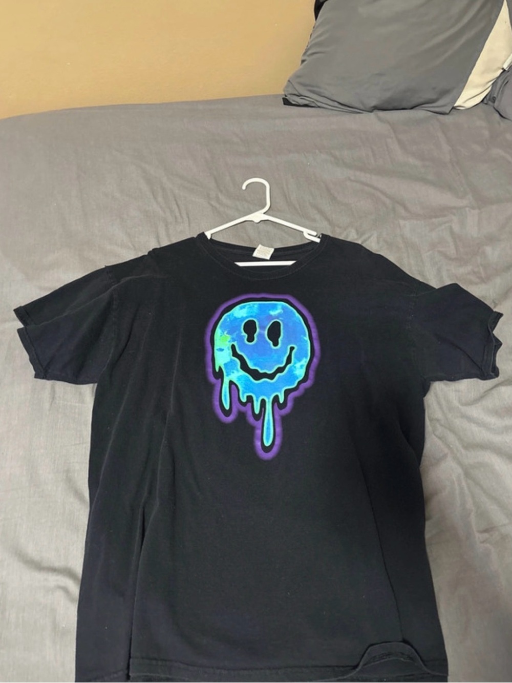 Black  Graphic Tee with Blue & Purple Drip Smile